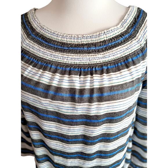 J. JILL Linen Blend Smocked Blouse Shirt Top Small Peasant Stripes Casual Travel - Picture 2 of 8